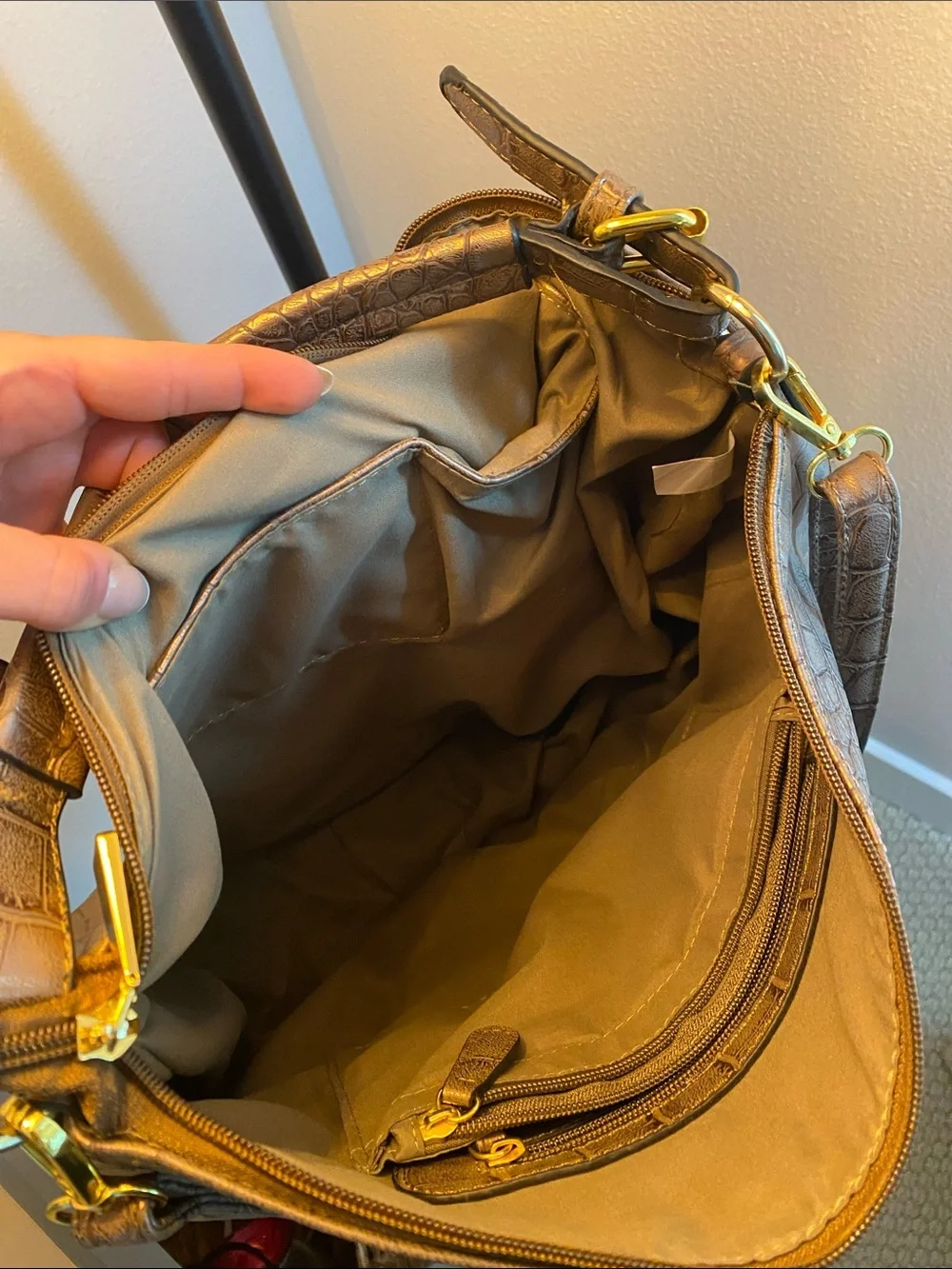 Adrienne Vittadini Bronze Croc-Embossed Hobo Bag w/gold hardware
